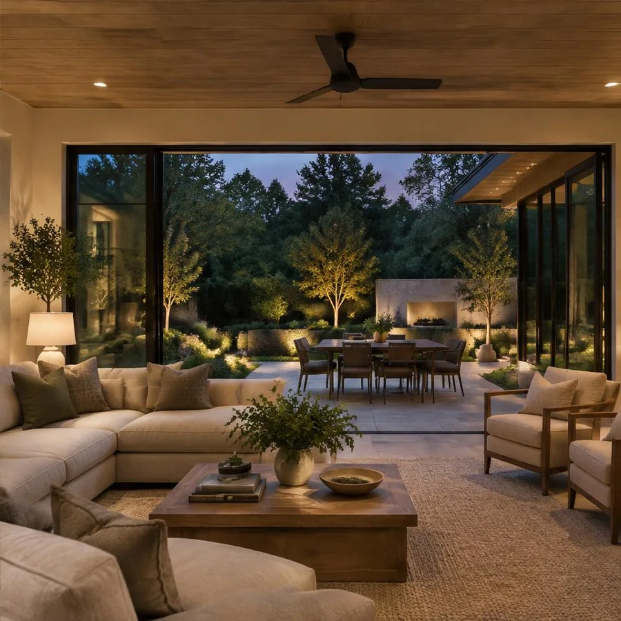 Warm living room opening onto a garden terrace at dusk