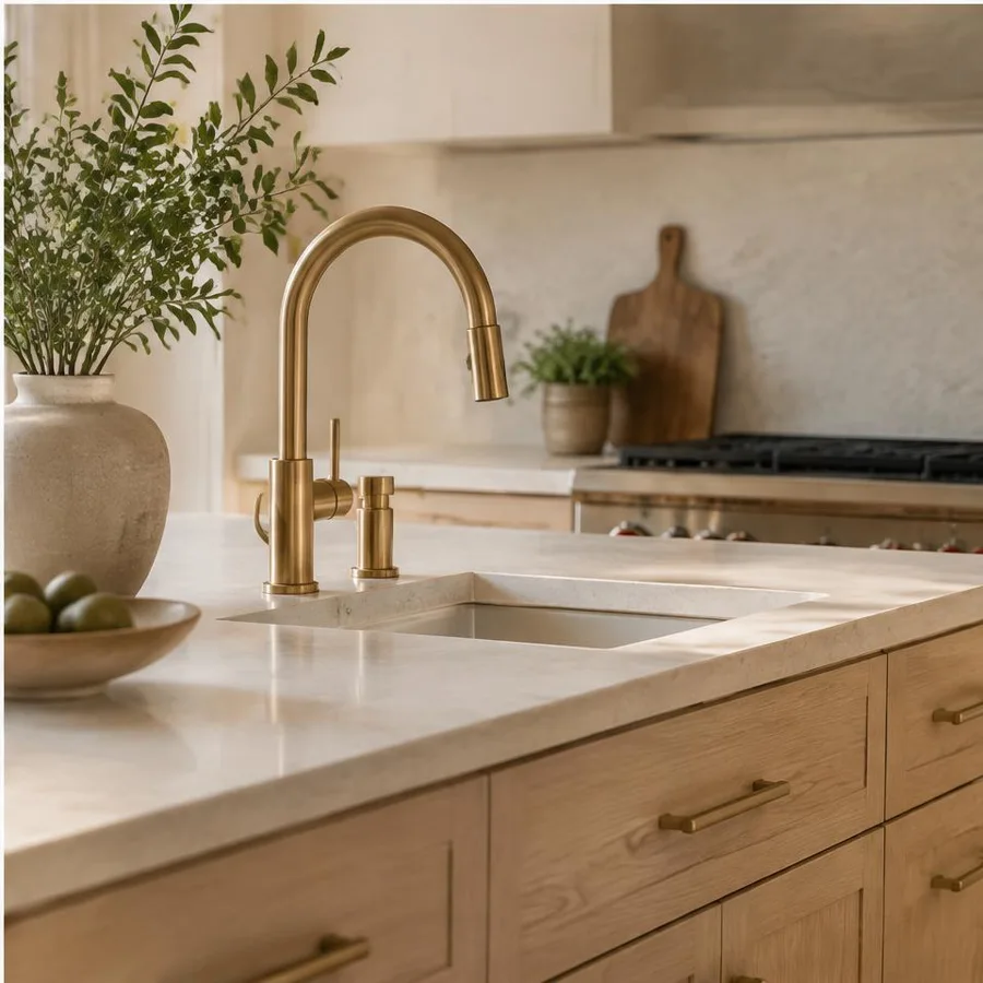 Brass tap and ivory stone countertop