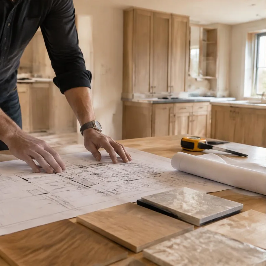 Craftsperson reviewing a floor plan and material samples during a home renovation
