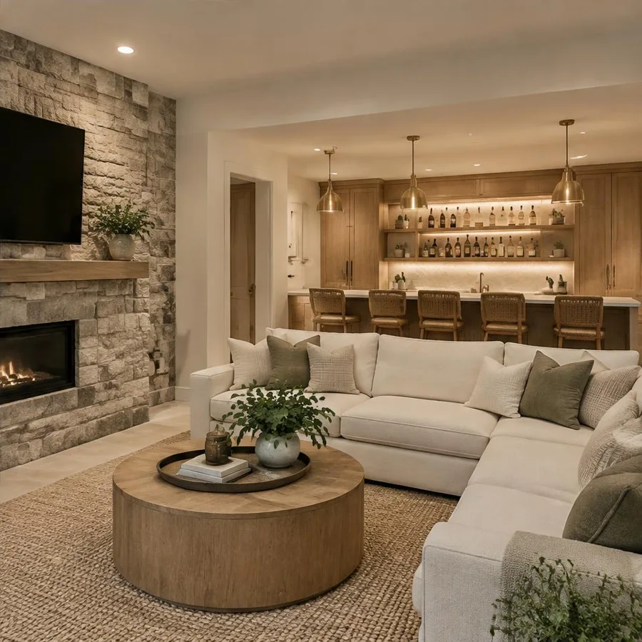 The lower level, a concept basement remodel with natural materials