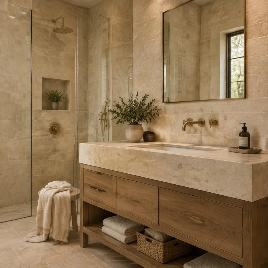 Limestone and light, a concept bathroom remodel with natural materials